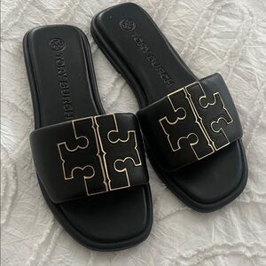 Tory Burch Black Slides with Gold Detailing